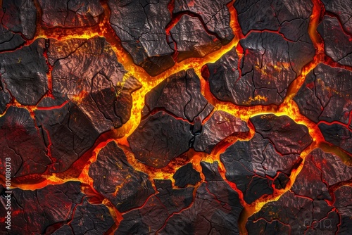 High-detail image showcasing the intense textures and vivid colors of lava flowing through dark, cracked earth, symbolizing power and the raw beauty of nature's destructive creation