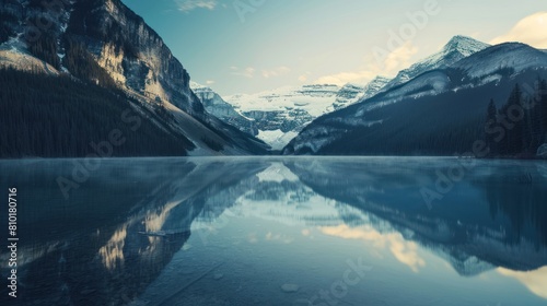 A beautiful mountain lake with a reflection of the mountains in the water. The sky is clear and the sun is shining