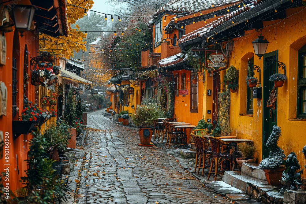 Fototapeta premium A charming cobblestone street lined with quaint cafes and colorful facades, evoking a sense of old-world charm. Concept of nostalgic beauty. Generative Ai.