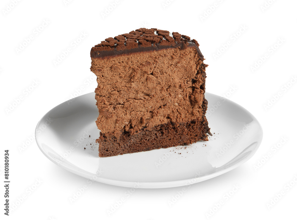 Piece of delicious chocolate truffle cake isolated on white Piece of delicious chocolate truffle cake isolated on white