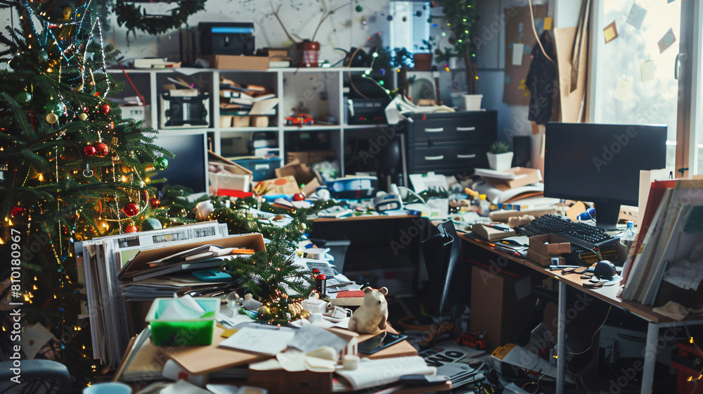 Interior of messy office after New Year party celebrat
