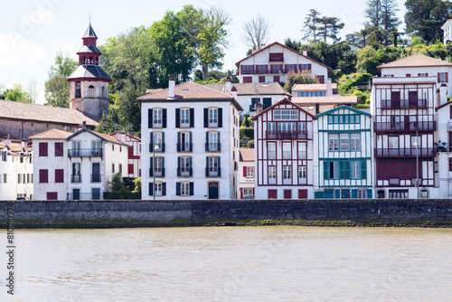 Traditional houses of Ciboure with the river Nivelle on the foreground.