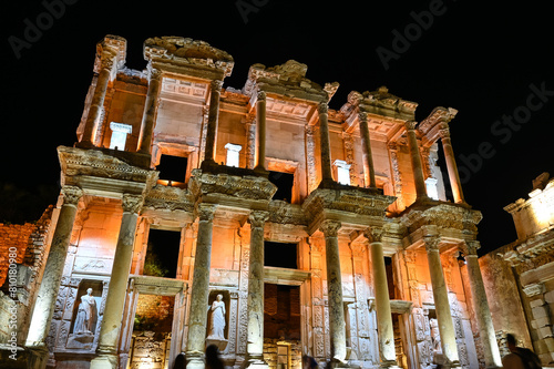 Celcius library in Ephesus ancient city at night, the popular tourist destination of Turkey.