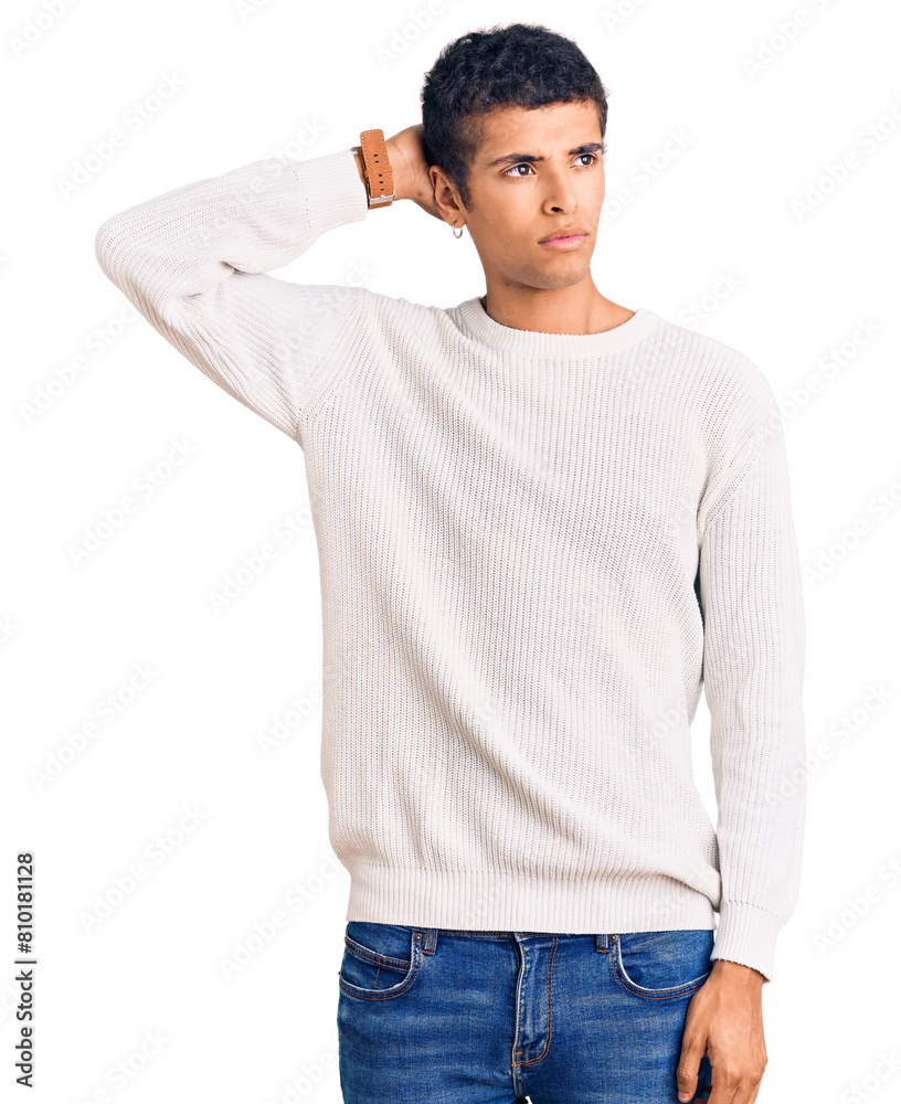 Young african amercian man wearing casual clothes confuse and wondering about question. uncertain with doubt, thinking with hand on head. pensive concept. Young african amercian man wearing casual clothes confuse and wondering about question. uncertain with doubt, thinking with hand on head. pensive concept.