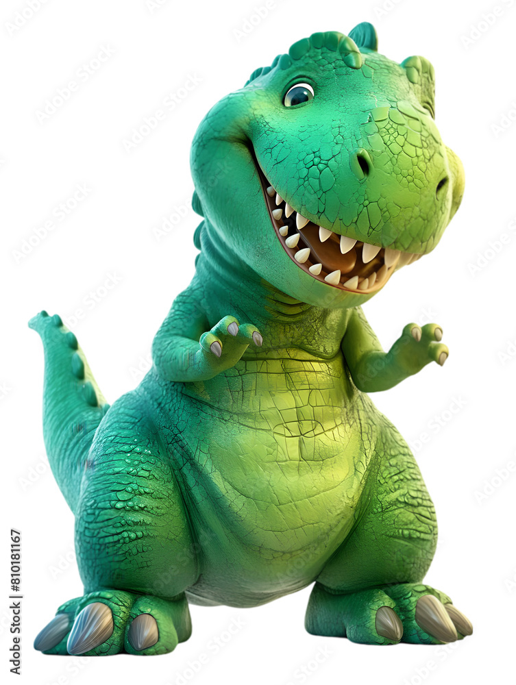 Fototapeta premium Dinosaur toy animal with smile, isolated 3d cartoon cute child style. Fictional terrestrial animal prehistoric times. Reptile smiling with its mouth open. Illustration cut on transparent background