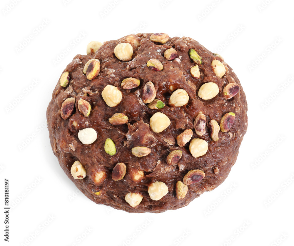 Raw chocolate dough with nuts isolated on white, top view Raw chocolate dough with nuts isolated on white, top view