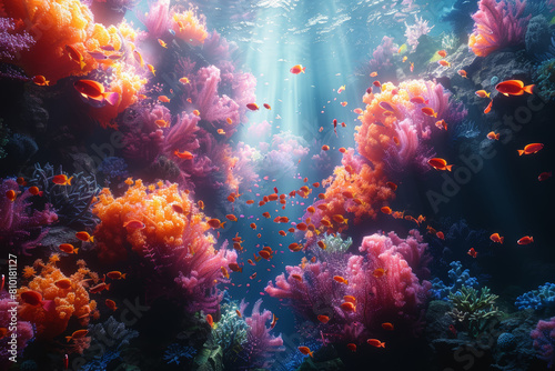 A magnificent coral reef teeming with life  with vibrant fish darting among colorful corals. Concept of underwater beauty and biodiversity. Generative Ai.