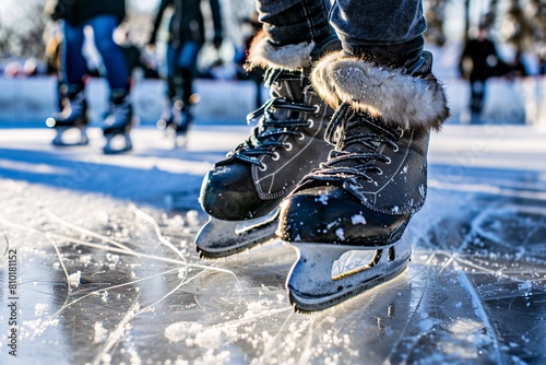 Captivating close-up of a pair of ice skates slicing through the ice on a bustling ice rink