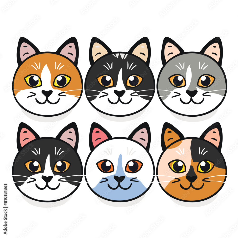 Six cartoon cat faces different expressions colors cute feline portraits. Simplified kitty emoticons representation humorous animal faces vector illustration. Domestic pet variety flat design style Six cartoon cat faces different expressions colors cute feline portraits. Simplified kitty emoticons representation humorous animal faces vector illustration. Domestic pet variety flat design style