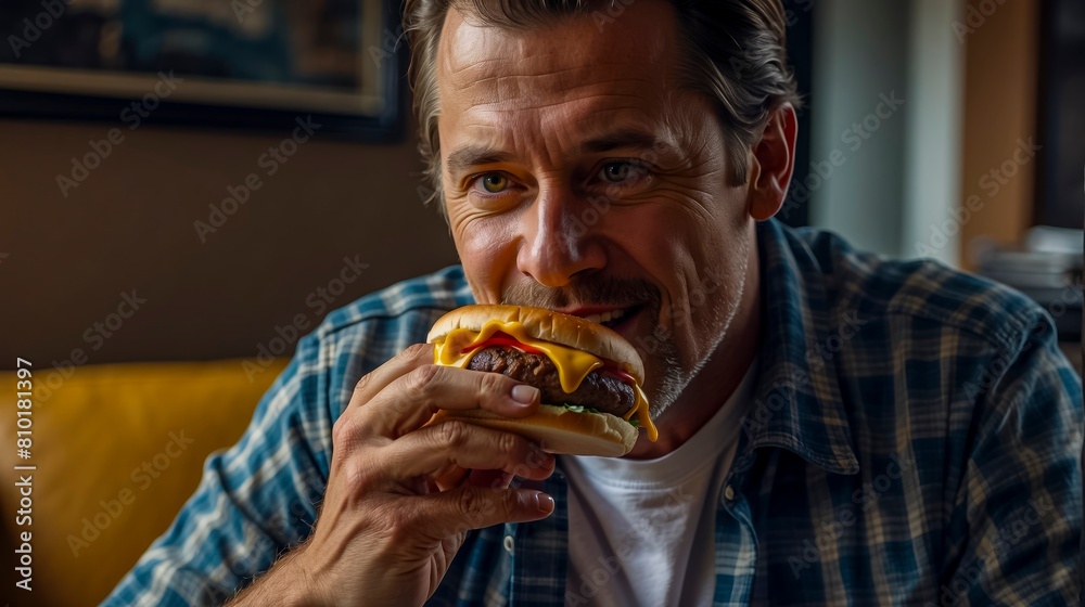 Man Enjoying a Delicious Cheeseburger at Home