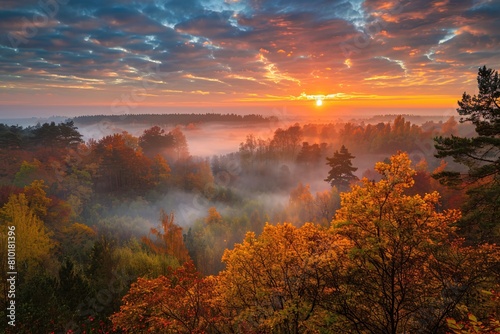 A stunning sunrise over a misty forest with vibrant autumn colors
