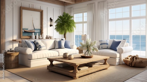 Curate a New England coastal living room with maritime decor and weathered wood elements