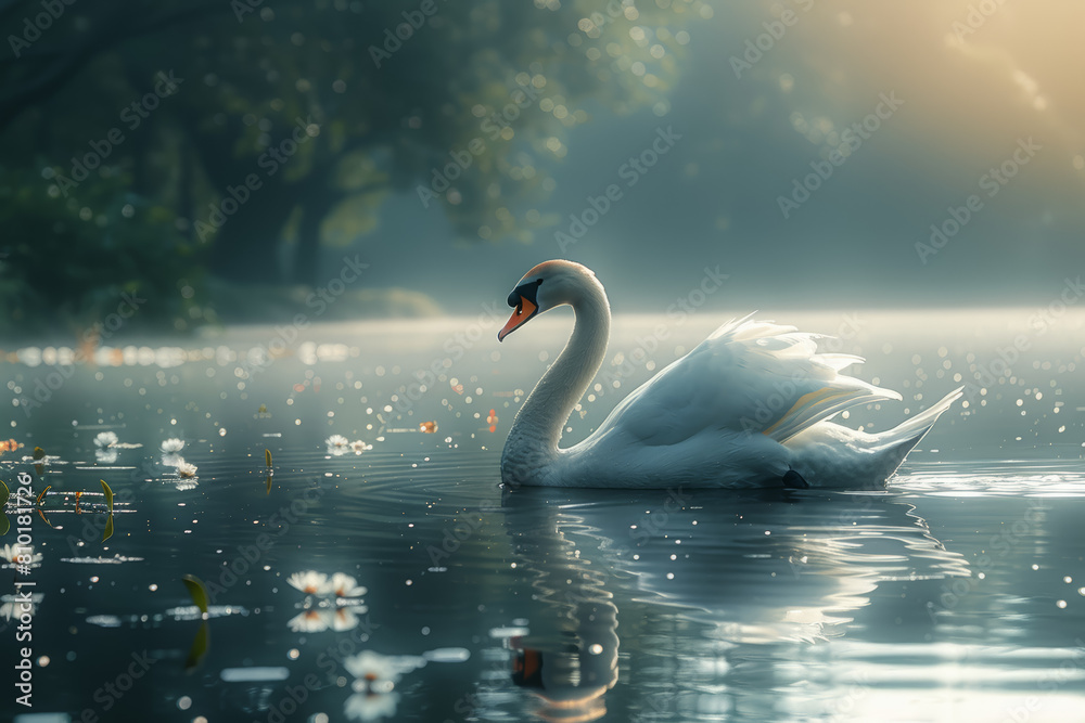 The elegant beauty of a graceful swan gliding across a tranquil pond, its reflection shimmering in the water. Concept of natural elegance. Generative Ai.