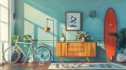 Interior of modern living room with bicycle surfboard