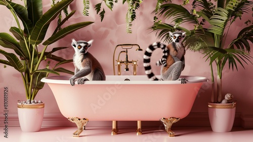 lemurs in a pastel peach luxury bathtub with brass legs, ornate Moroccan or mexican style tiles and tropical plants photo