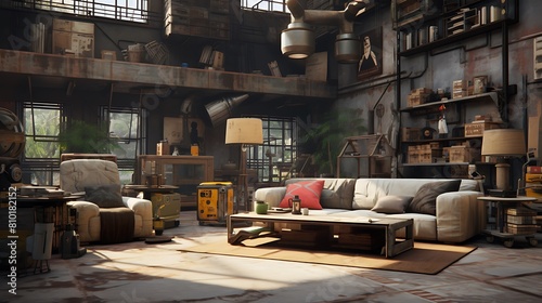 Curate a post-apocalyptic living room with salvaged materials and rugged, industrial design