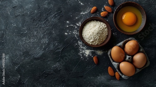 Baking ingredients including eggs, flour, and almonds on a dark textured surface. Top view culinary photography with copy space. Baking concept for design and print