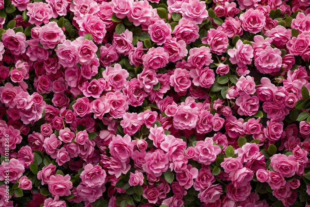 Top view of a dense floral pattern featuring lush pink roses with soft petals and green leaves, ideal for romantic, nature-inspired backgrounds or wallpaper designs Top view of a dense floral pattern featuring lush pink roses with soft petals and green leaves, ideal for romantic, nature-inspired backgrounds or wallpaper designs