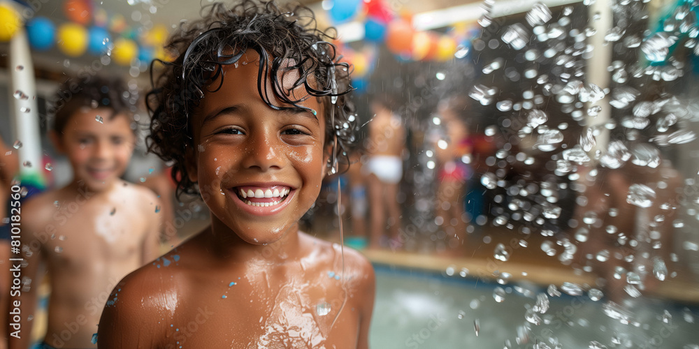 A young boy with a radiant smile enjoys the sprinkler during a summer party, surrounded by friends and colorful balloons. A young boy with a radiant smile enjoys the sprinkler during a summer party, surrounded by friends and colorful balloons.