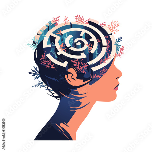 Self knowledge and development, profile head of woman with labyrinth inside. Think and decision task. Labyrinth as symbol self-discovery, self-understanding. Vector illustration