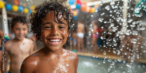 A young boy with a radiant smile enjoys the sprinkler during a summer party  surrounded by friends and colorful balloons.