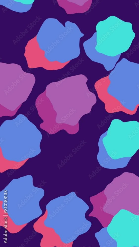 abstract Wiggly irregular small shapes background animation. Lava lamp like shapes slowly moving one direction. Blob bubbles in different colors against dark blue background