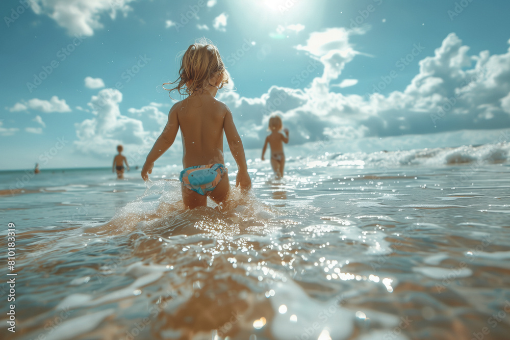 Little boy in blue swimsuit running happily towards the waves of the sea under a sunny sky, splashing water around on summer vacation. Little boy in blue swimsuit running happily towards the waves of the sea under a sunny sky, splashing water around on summer vacation.