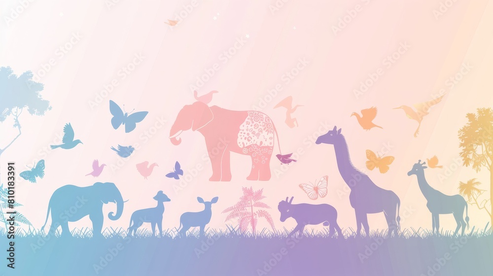 A colorful poster of animals in a field, including giraffes, elephants