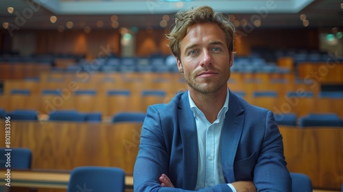 Man in Suit Sitting in Front of Lecture Hall