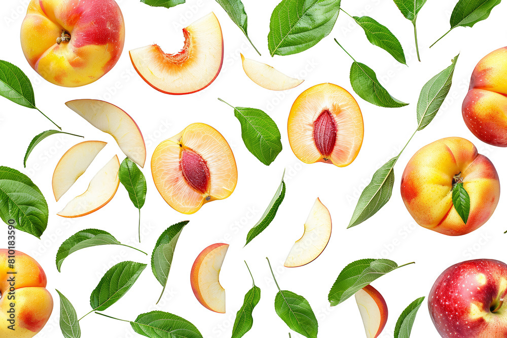 A variety of fresh peaches are arranged on a black background. The peaches are of different sizes and are arranged in a visually appealing way. A variety of fresh peaches are arranged on a black background. The peaches are of different sizes and are arranged in a visually appealing way.
