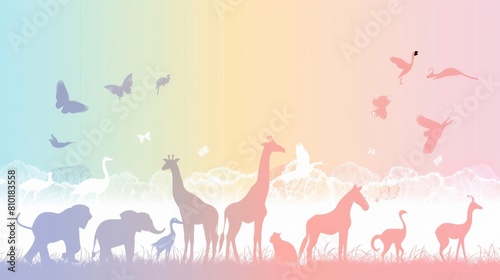 A colorful drawing of animals in a field  including giraffes  elephants