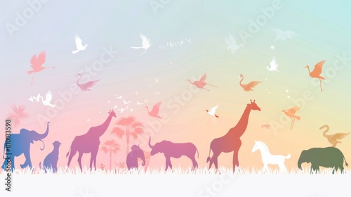 A colorful drawing of animals in a field  including giraffes  elephants