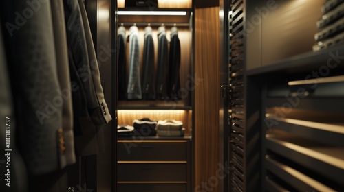 Close-up, cinematic high-resolution image of a modern closet with sleek finishes, showcasing the refined textures and contemporary design