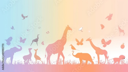 A colorful poster of animals  including giraffes  elephants  and birds
