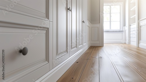 Close-up of a white closet on a wooden floor, showcasing its simplistic elegance and modern design