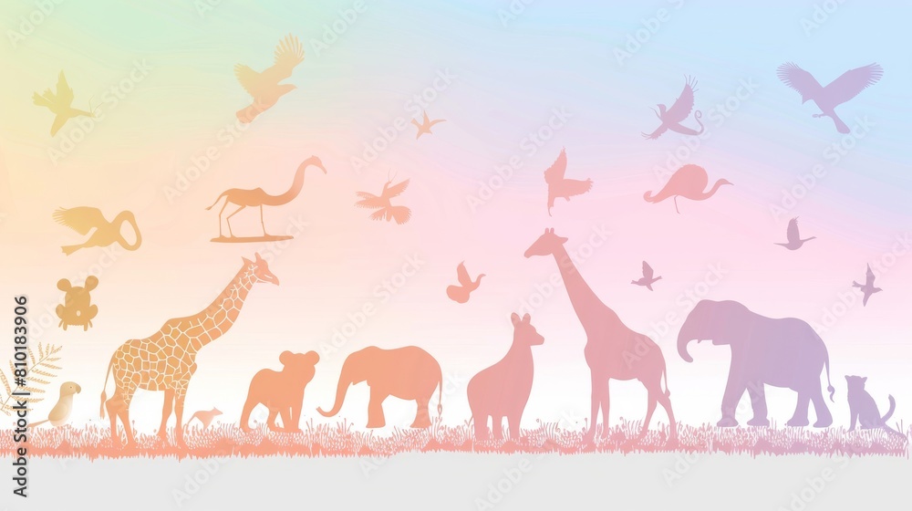 A colorful poster of animals, including giraffes, elephants, and birds A colorful poster of animals, including giraffes, elephants, and birds