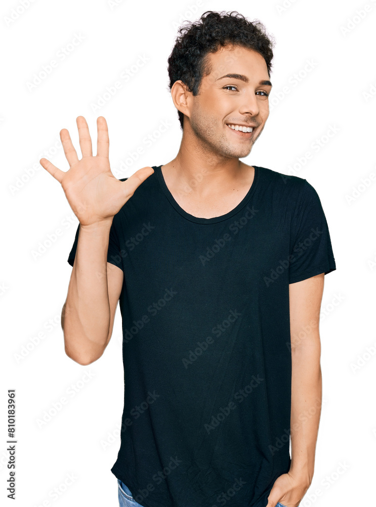 Young handsome man wearing casual black t shirt showing and pointing up with fingers number five while smiling confident and happy. Young handsome man wearing casual black t shirt showing and pointing up with fingers number five while smiling confident and happy.