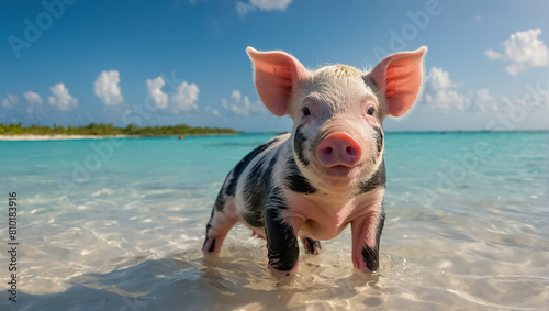 Cute pig on the bahamas sea summer