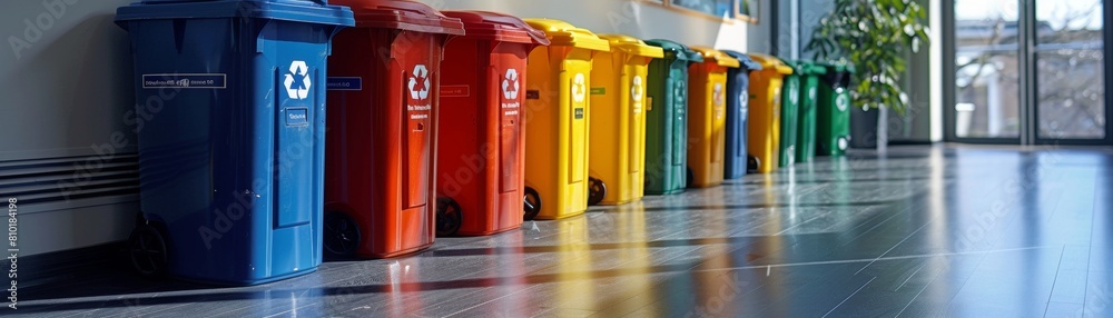 Colorful trash bins in a row. Colorful trash bins in a row.