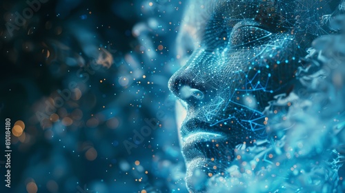 Futuristic visualization of a human face with blue digital networks and floating particles. 3D rendering for virtual reality concept.