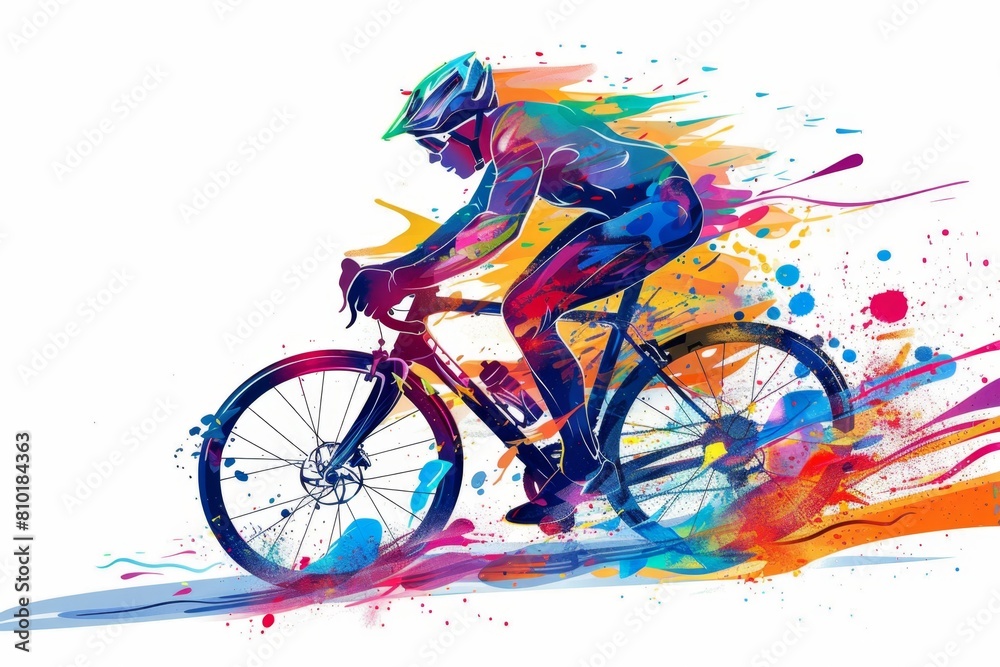 Fototapeta premium Cyclist on a bicycle with color splashes and abstract background for a sport poster or flyer design Generative AI