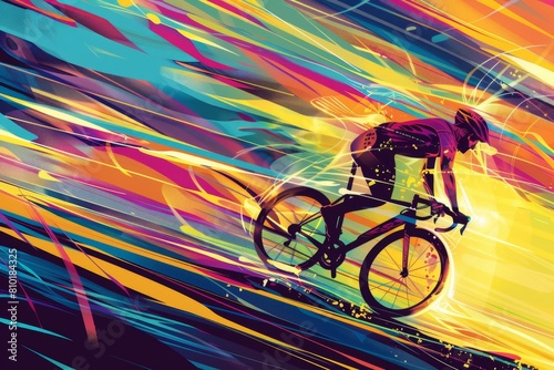 an abstract design featuring the silhouette of a cyclist on their bike, with dynamic lines and splashes of color creating movement and energy in a vibrant background Generative AI