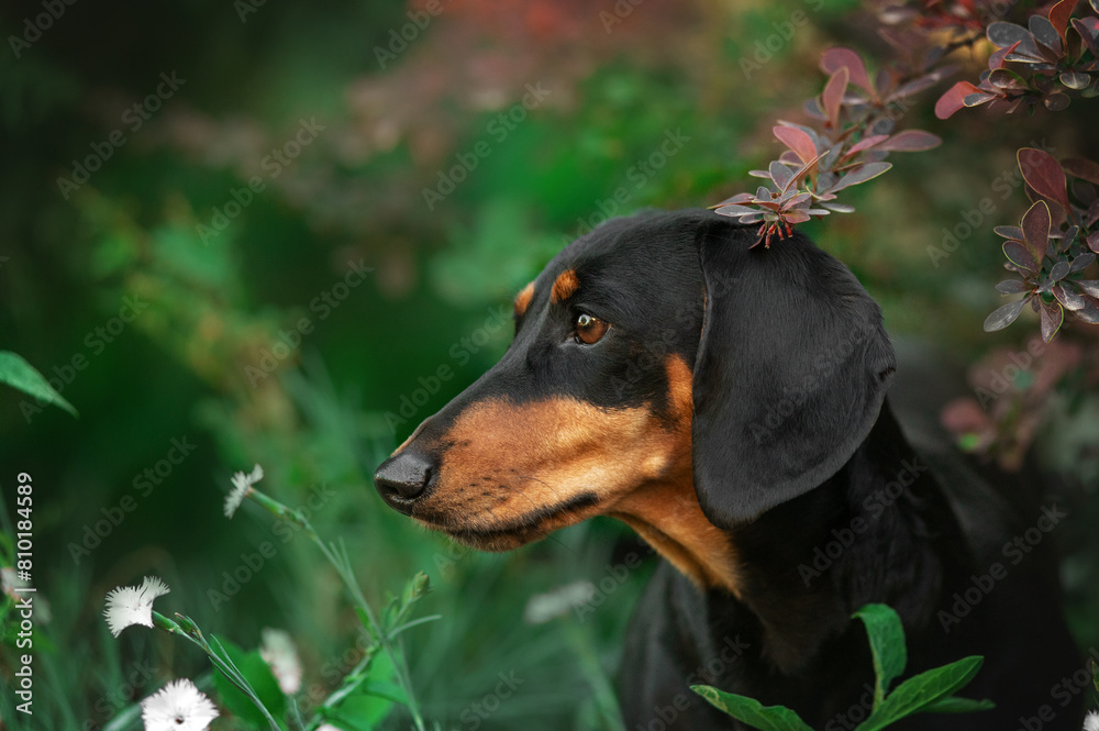 beautiful spring portrait of a dachshund on a natural background