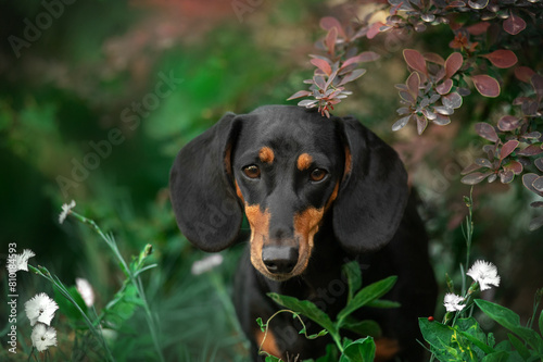 beautiful spring portrait of a dachshund on a natural background