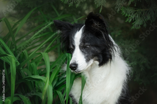 border collie old dog beautiful portrait on a green background