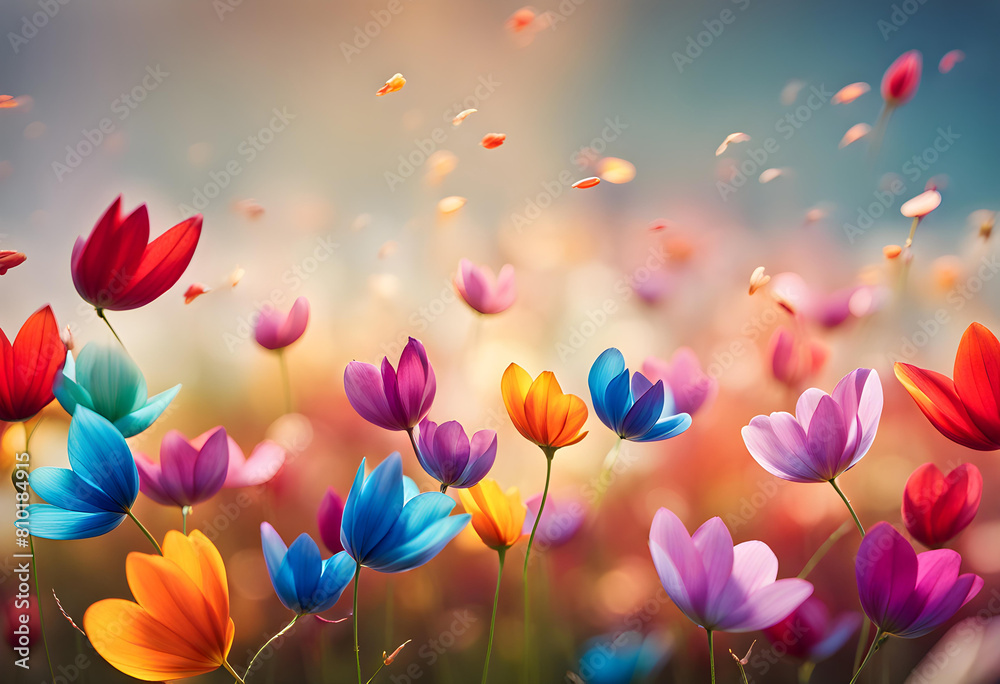 Landscape image view of colorful flower petals group swaying and flying left and right Landscape image view of colorful flower petals group swaying and flying left and right