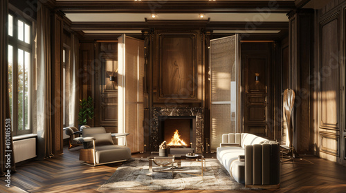 Interior of stylish room with fireplace and folding sc