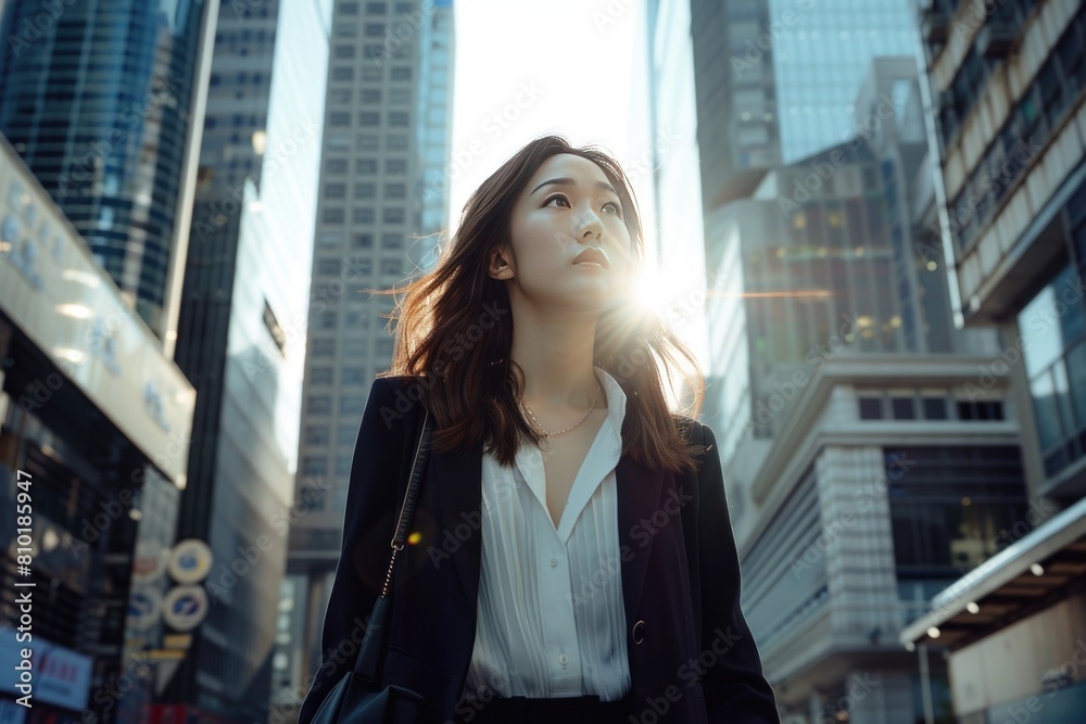 A woman wearing a black jacket and white shirt walks down a city street A woman wearing a black jacket and white shirt walks down a city street