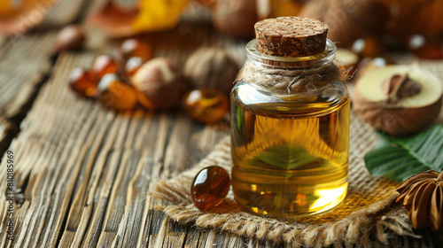 Jar of chestnut essential oil on wooden background