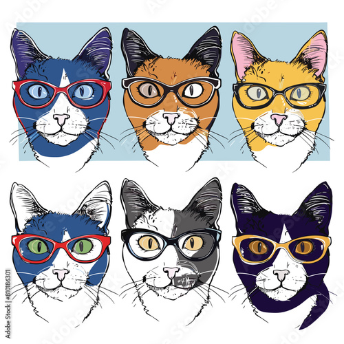 Six stylized cats wearing various glasses, cat has unique fur color eyewear. Hipster cats fashion glasses, handdrawn felines cool spectacles, artistic representation accessories